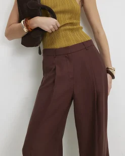 Brown Pleat Detail Wide Leg Trousers