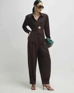 Brown Pleat Front Tapered Trousers