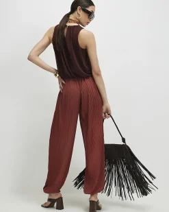 Brown Pleated Mesh Balloon Leg Trousers