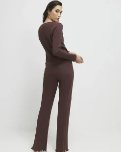 Brown Pointelle Wrap Front Loungewear Set
