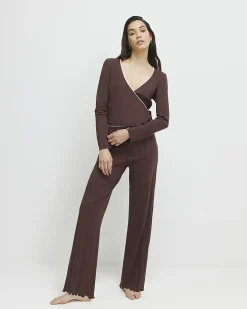 Brown Pointelle Wrap Front Loungewear Set
