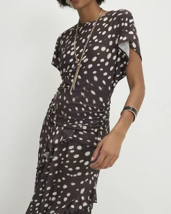 Brown Polka Dot Hybrid T-Shirt Midi Dress
