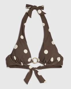 Brown Polka Dot Print Plunge Neck Bikini Top