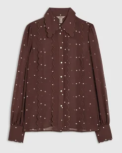 Brown Polka Dot Print Scallop Trim Shirt