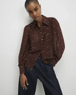 Brown Polka Dot Print Scallop Trim Shirt