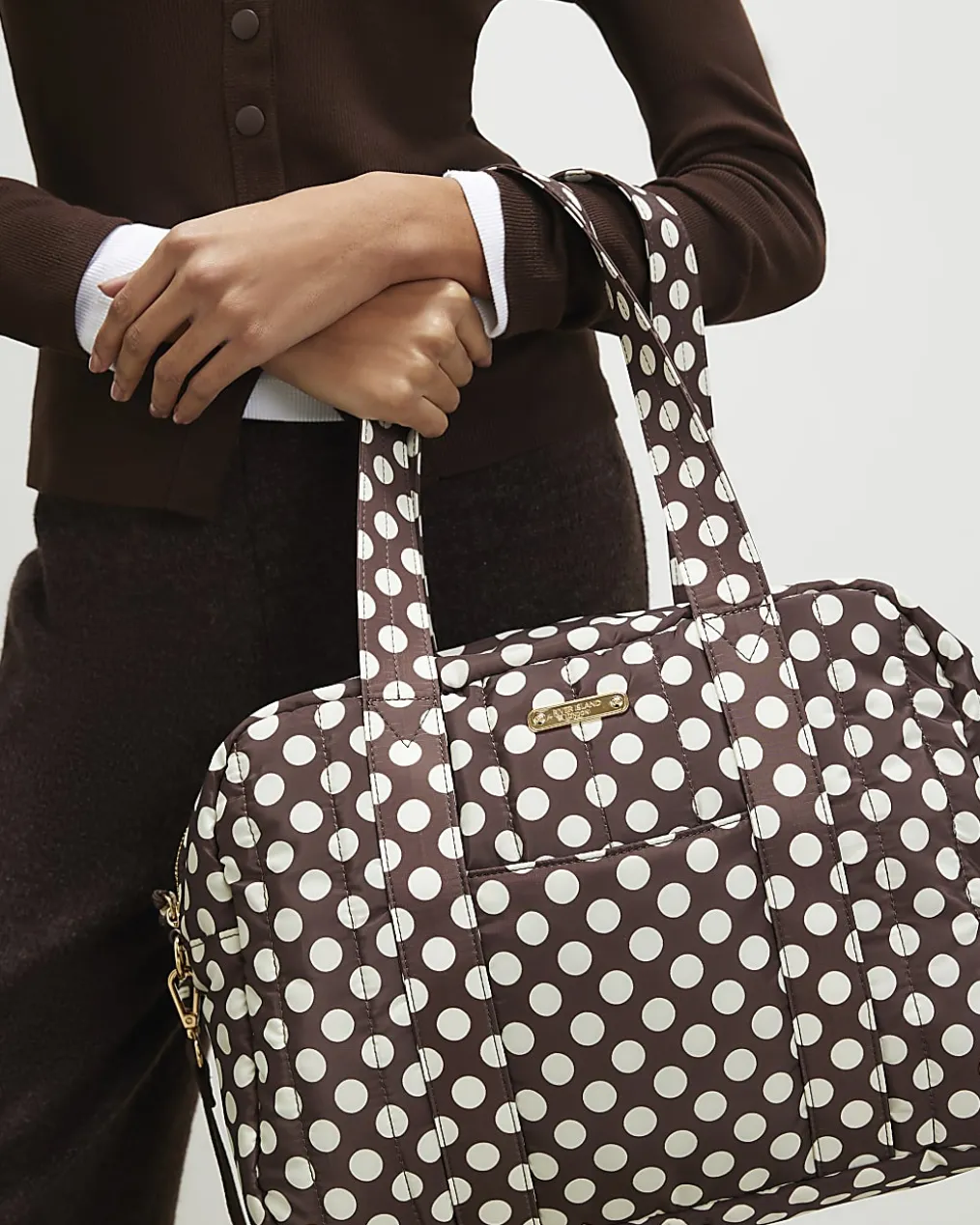 Brown Polka Dot Quilted Holdall Bag