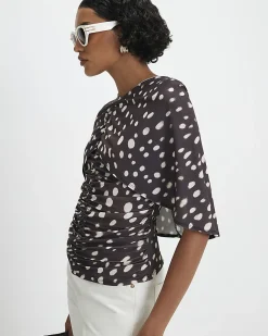 Brown Polka Dot Ruched Cape Top