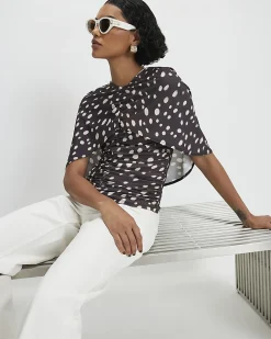 Brown Polka Dot Ruched Cape Top