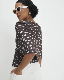 Brown Polka Dot Ruched Cape Top