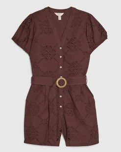 Brown Poplin Broderie Cutwork Playsuit
