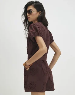 Brown Poplin Broderie Cutwork Playsuit