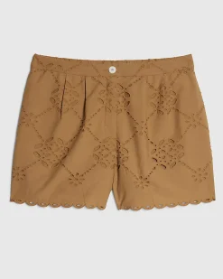 Brown Poplin Broderie Shorts