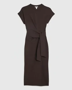 Brown Premium Short Sleeve Knot Midi Dress