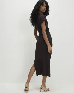 Brown Premium Short Sleeve Knot Midi Dress