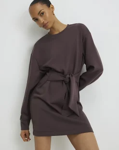 Brown Premium Tie Front Mini Sweatshirt Dress