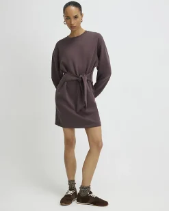 Brown Premium Tie Front Mini Sweatshirt Dress