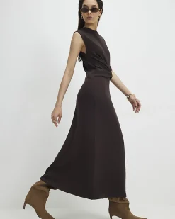 Brown Premium Twist Front Midi Dress