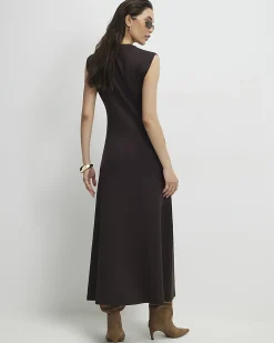 Brown Premium Twist Front Midi Dress