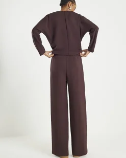 Brown Premium Wide Leg Pintuck Joggers