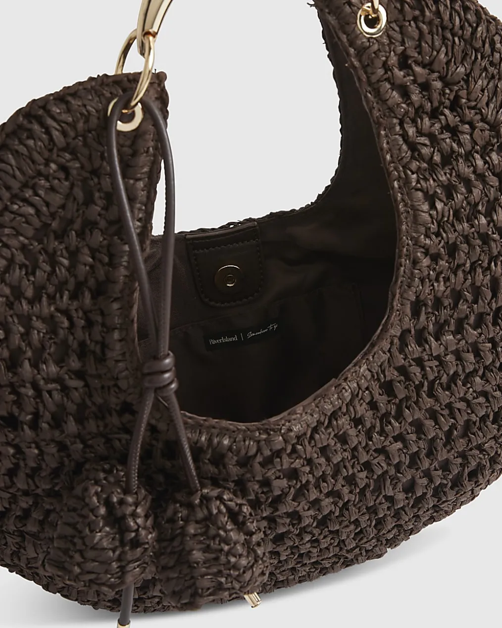 Brown Raffia Metal Handle Scoop Bag