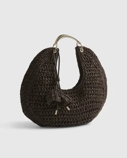 Brown Raffia Metal Handle Scoop Bag