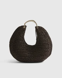 Brown Raffia Metal Handle Scoop Bag