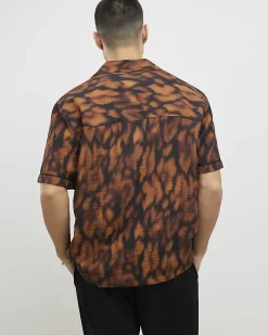 Brown Regular Fit Animal Print Revere Shirt