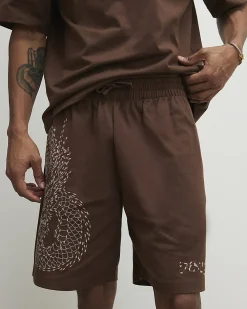 Brown Regular Fit Embroidered Dragon Shorts