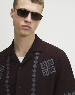 Brown Regular Fit Flower Embroidered Shirt
