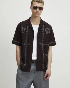 Brown Regular Fit Flower Embroidered Shirt