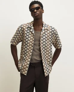 Brown Regular Fit Geometric Crochet Shirt