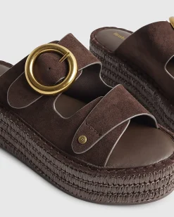 Brown Ring Buckle Strap Wedge Sandals