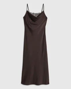 Brown Satin Cowl Neck Lace Trim Midi Dress