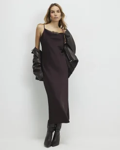 Brown Satin Cowl Neck Lace Trim Midi Dress