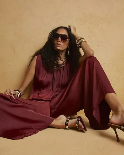Brown Satin Elasticated Wide Leg Trousers