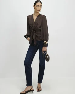 Brown Satin Knot Front Top