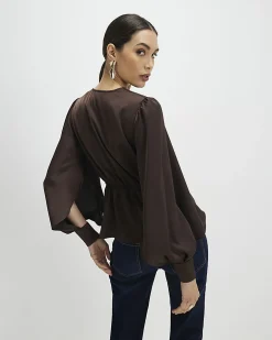 Brown Satin Knot Front Top