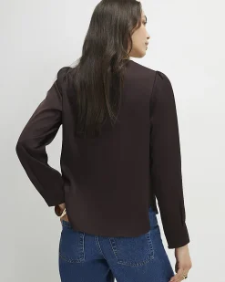 Brown Satin Long Sleeve Pleat Front Blouse