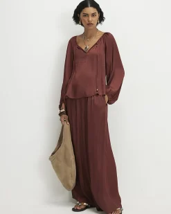 Brown Satin Notch Neck Top