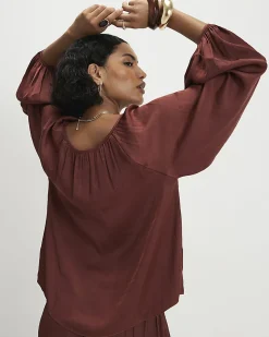 Brown Satin Notch Neck Top