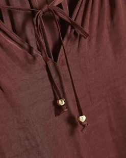 Brown Satin Notch Neck Top