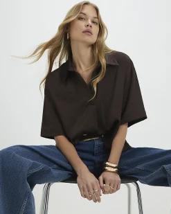 Brown Satin Short Sleeve Polo Top