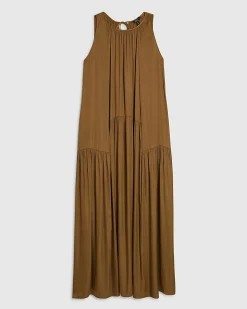 Brown Satin Sleeveless Halter Midi Dress