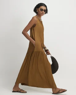 Brown Satin Sleeveless Halter Midi Dress