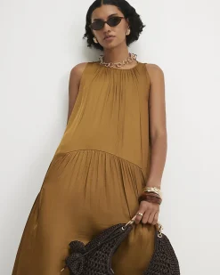 Brown Satin Sleeveless Halter Midi Dress