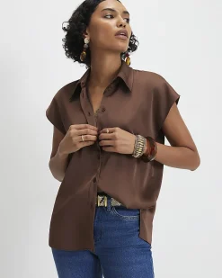 Brown Satin Sleeveless Shirt