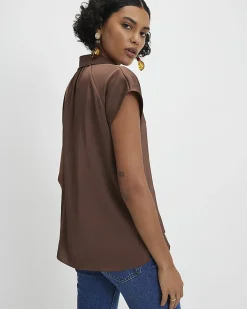 Brown Satin Sleeveless Shirt