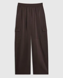 Brown Satin Wide Leg Cargo Trousers