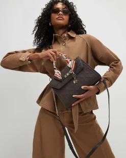 Brown Scarf Embossed Charm Tote Bag