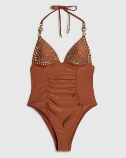 Brown Shaping Studded Halter Neck Swimsuit